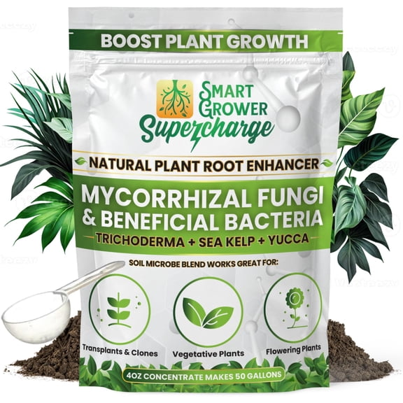 Mycorrhizal Fungi with Beneficial Bacteria, Trichoderma, Sea Kelp, Molasses, Yucca, Supercharge Plant Root Enhancer 4oz Super Concentrate Powder Makes 50 Gallons