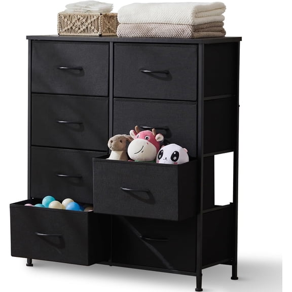 Mydepot Fabric Dresser with 8 Drawers, Sturdy Metal Frame Closet Organizer with Wooden Top, Space-Saving Storage Tower for Bedroom, Office, Nursery, Dorm, Black