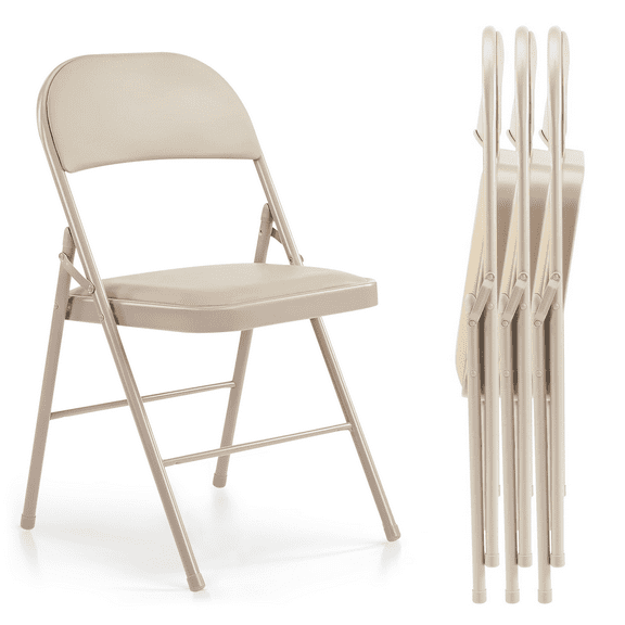 Mydepot Folding Chair with Comfortable Cushion and Durable Steel Frame, Khaki (Set of 4)