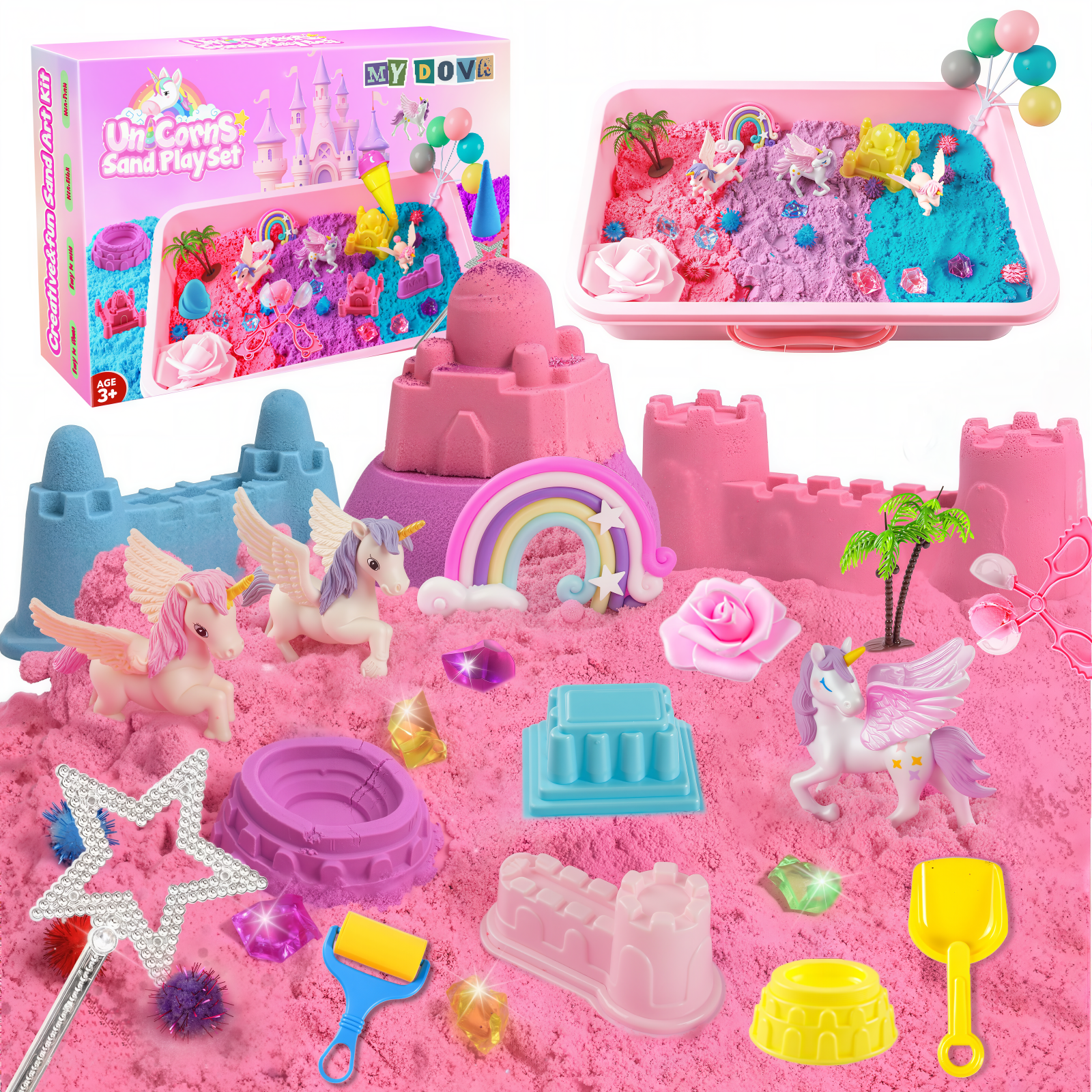 Mydova Unicorn Sensory Sand Kit for Girls Ages 3-8 3.3lbs Colorful Play Sand, Unicorn Toys, Castle & Ice Cream Molds, Tools & Sandbox with Lid Great Christmas & Birthday Magic Sand Gift