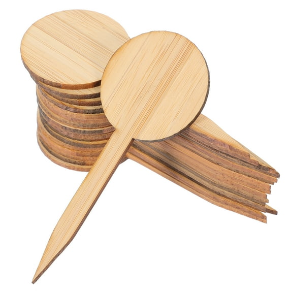 Myenne 20 Pcs Thicken Bamboo Signpost T Shape Mini Plants Label Plaque Ornaments Miniature Decors Seedling Box Plant Ornaments (Round Style)