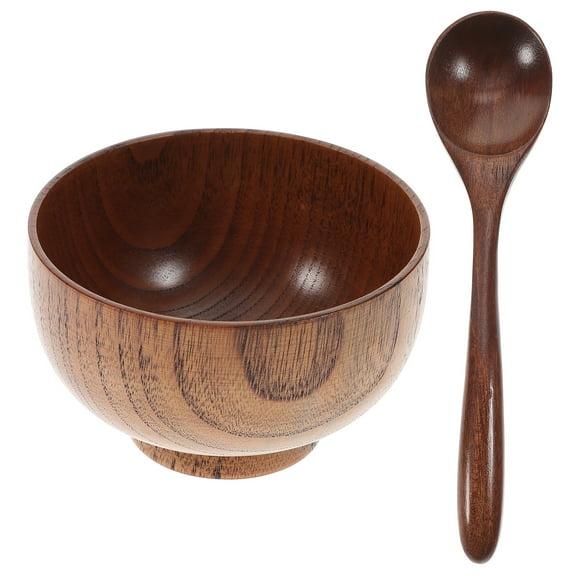 Myenne 2pcs Bowl and Spoon Set Wood Serving Bowl Rice Bowls Tableware Container Soup Salad Japanese Bowl for Buffet Home Restaurant