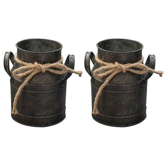 Myenne 2pcs Shabby Chic Flower Vase Rustic Can Galvanized Flower Bucket Metal Jug Pitcher with Handle Vintage Farmhouse Planter Centerpiece