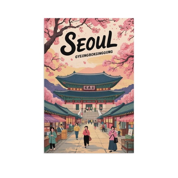 Myeongdong Classic Poster Retro Seoul Cityscape with Historic Palaces & Modern Streets Print Poster