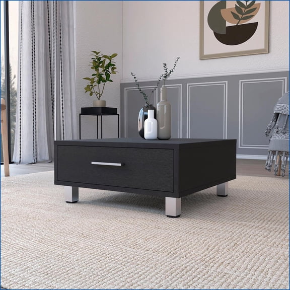 Myers Coffee Table with Drawer, Metal Legs | 23.6 Square | Black | Engineered Wood