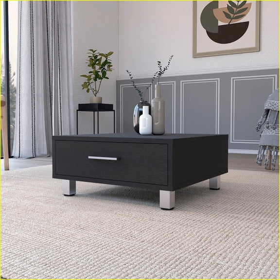 Myers Square Coffee Table with Drawer, Four Metal Legs | Black | Engineered Wood
