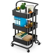 Myfurnideal 3 Tier Mesh Utility Cart Multifunctional Storage Shelves Rolling Metal Organization Cart with Handle and Lockable Wheels for Kitchen, Living Room, Office