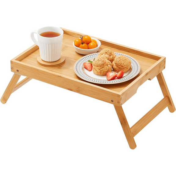 Myfurnideal Bamboo Breakfast Tray Table with Foldable Legs, Bed Tray Table for Eating and Laptops