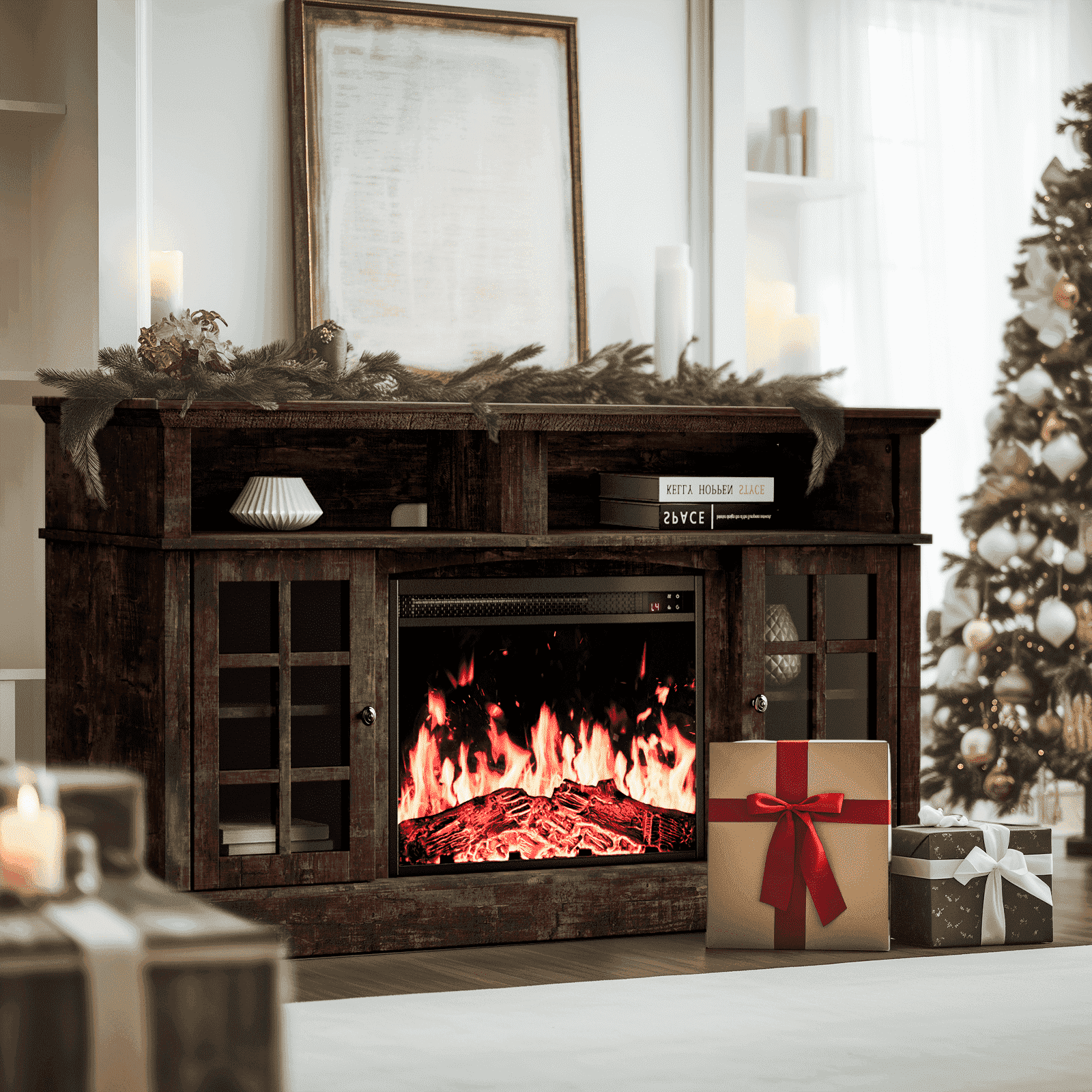 Electric Fireplace TV Stand for 75″ TVs Fireplace Entertainment Center TV Console Table with 23″ Fireplace, Holds up to 200 lbs