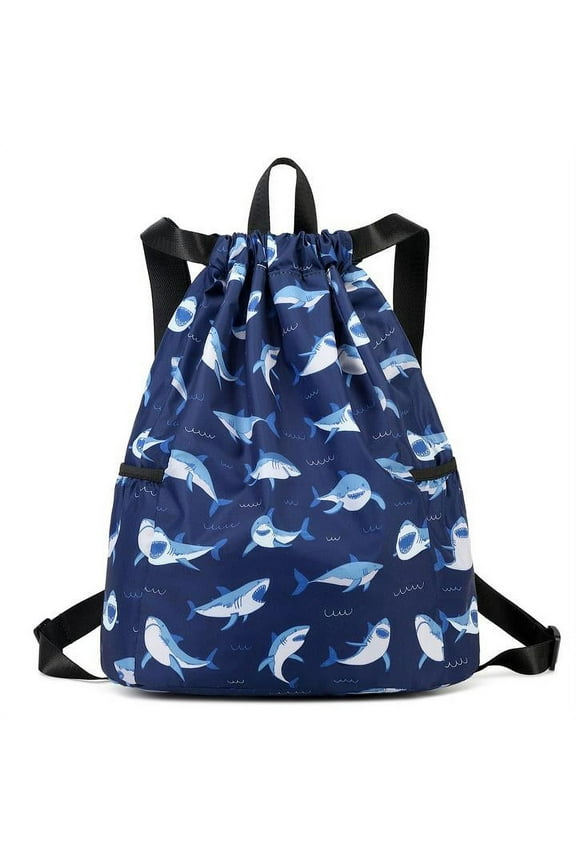 Children Boy Girl Ocean Shark Print Drawstring Backpack Outdoor Casaul Portable Shoulder Bag Swim Gymsack Sack Pack Dark Blue