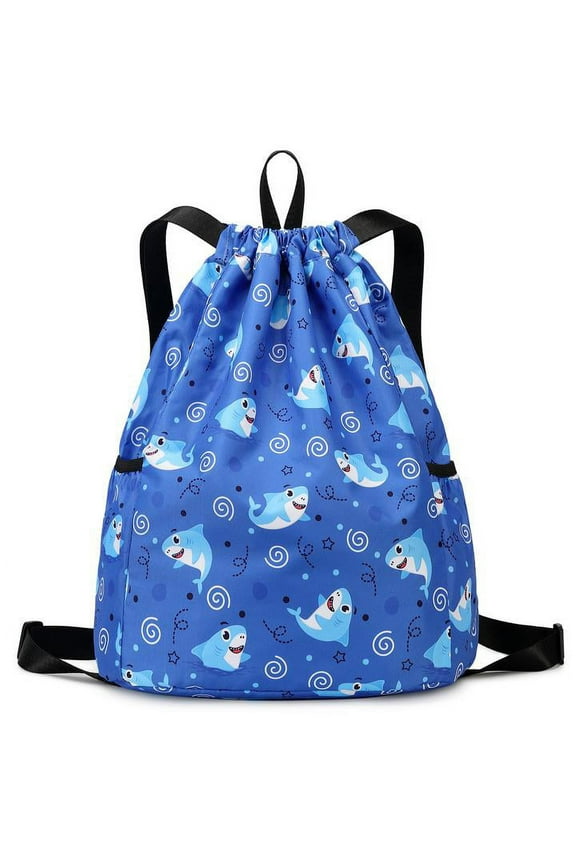 Cute Shark Drawstring Backpack Waterproof Lightweight String Bag For Outdoor Yoga Gym Swimming Travel Light Blue