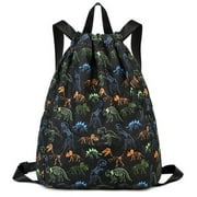 Mygreen Dinosaur Drawstring Backpack Bulk for Kids Girls Boys Gym Dance String Bags Water Resistant Lightweight Colorful Skeleton Dinosaurs Black