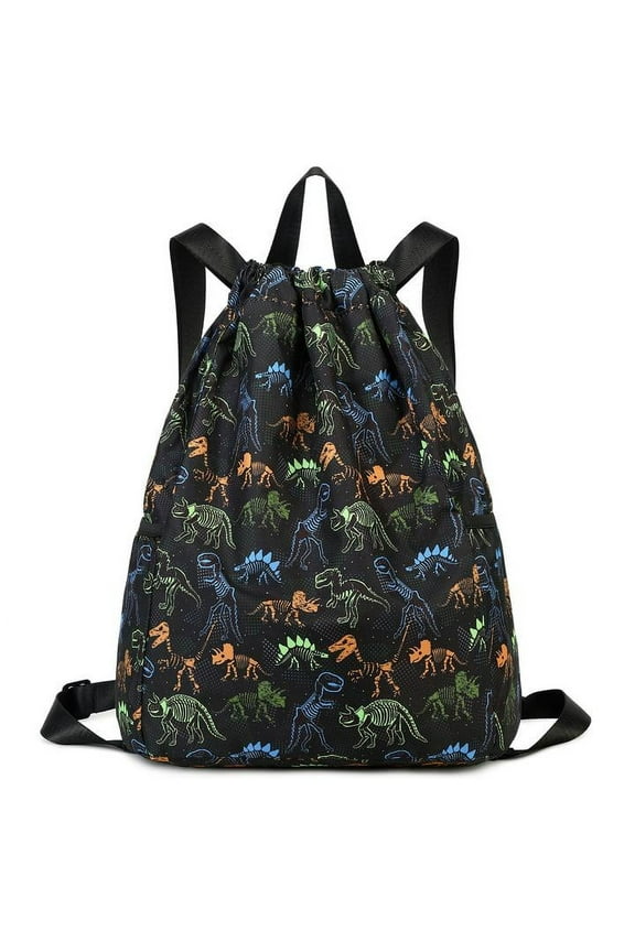 Dinosaur Drawstring Backpack Bulk for Kids Girls Boys Gym Dance String Bags Water Resistant Lightweight Colorful Skeleton Dinosaurs Black