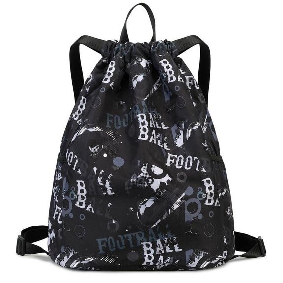 Mygreen Drawstring Backpack Gym Backpack Sports Bag for Swim Women Men Workout Bag Draw String Back Sack for Soccer Beach Gear Letters Football Black