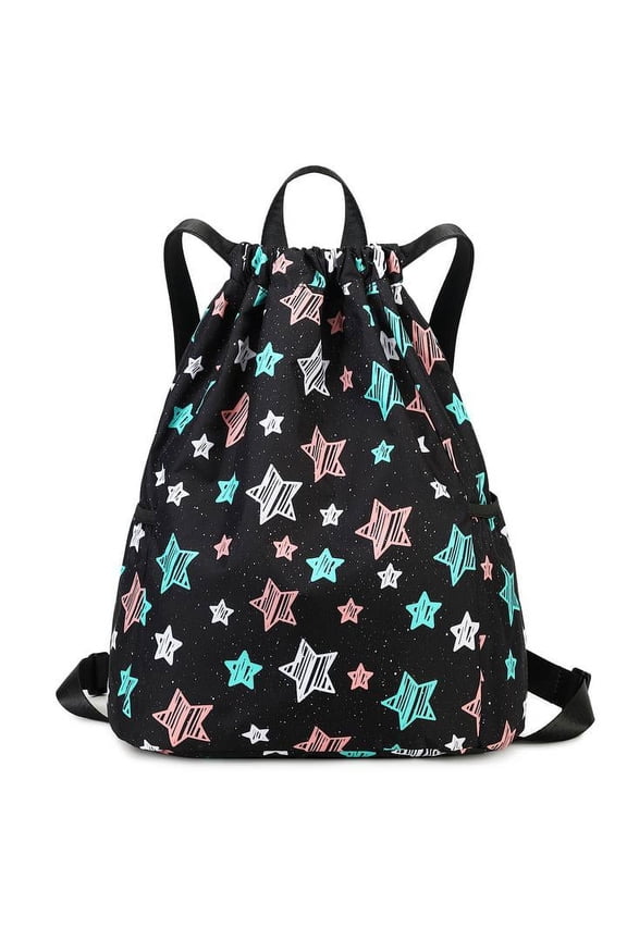 Drawstring Backpack Gym String Bag Drawstring Sackpack Sport Cinch Bag For Womens Girls Mens Stars Black