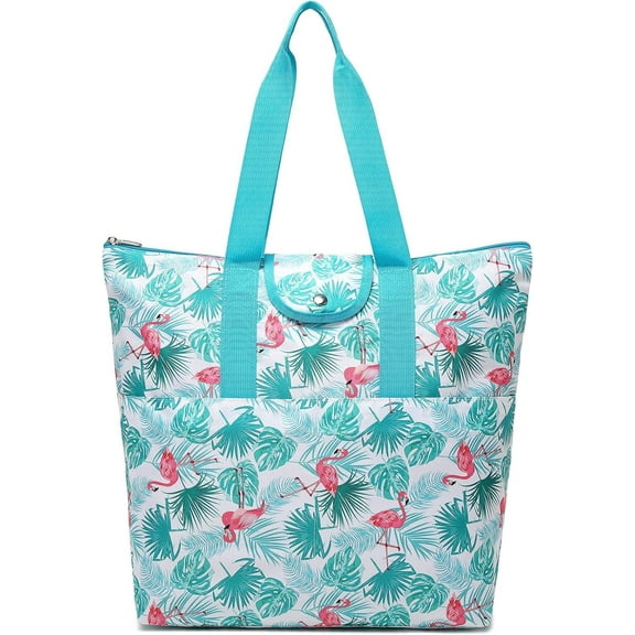 Mygreen Foldable Work Tote Bags For Women Large Tote Travel Bag, Nurse Bag, Teacher Bag, Mom Bag Green Flamingo-Large