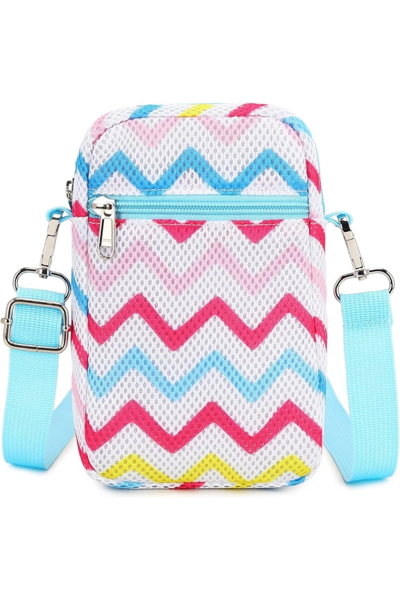 Mini Shoulder Bag Mesh Crossbody Multifunction Phone Wallet Case Pouch Waist Bag with Adjustable Strap Blue Wave