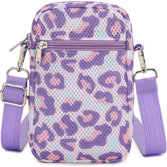 Mygreen Mini Shoulder Bag Mesh Crossbody Multifunction Phone Wallet Case Pouch Waist Bag with Adjustable Strap Purple Leopard