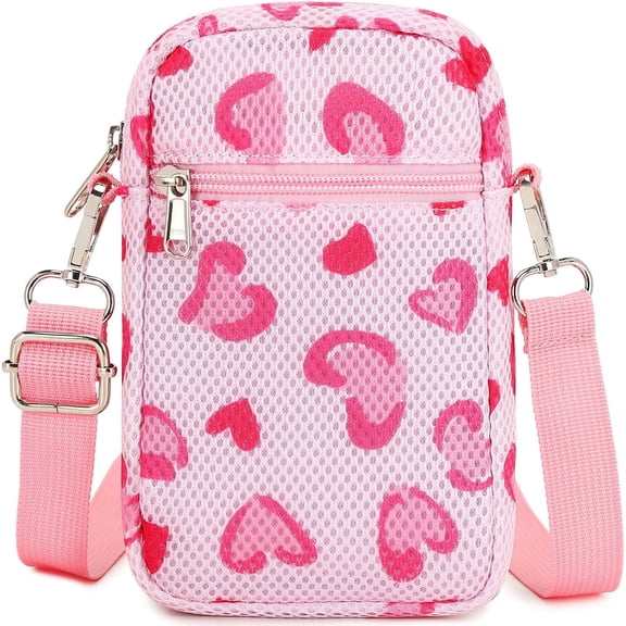 Mygreen Mini Shoulder Bag Mesh Crossbody Multifunction Phone Wallet Case Pouch Waist Bag with Adjustable Strap Pink Heart