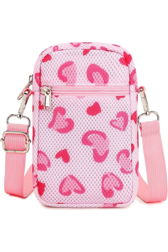 Mini Shoulder Bag Mesh Crossbody Multifunction Phone Wallet Case Pouch Waist Bag with Adjustable Strap Pink Heart