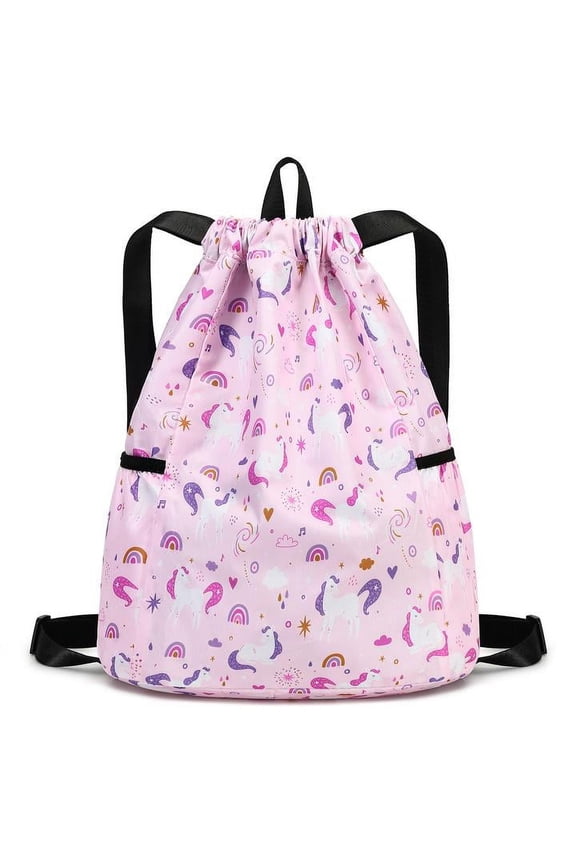 Unicorn Drawstring Back Kids Drawstring Bags Rainbow Gym String Backpack Bulk for Girls Boys Dance Waterproof Nylon Sports Rainbow Unicorn One Size Pink