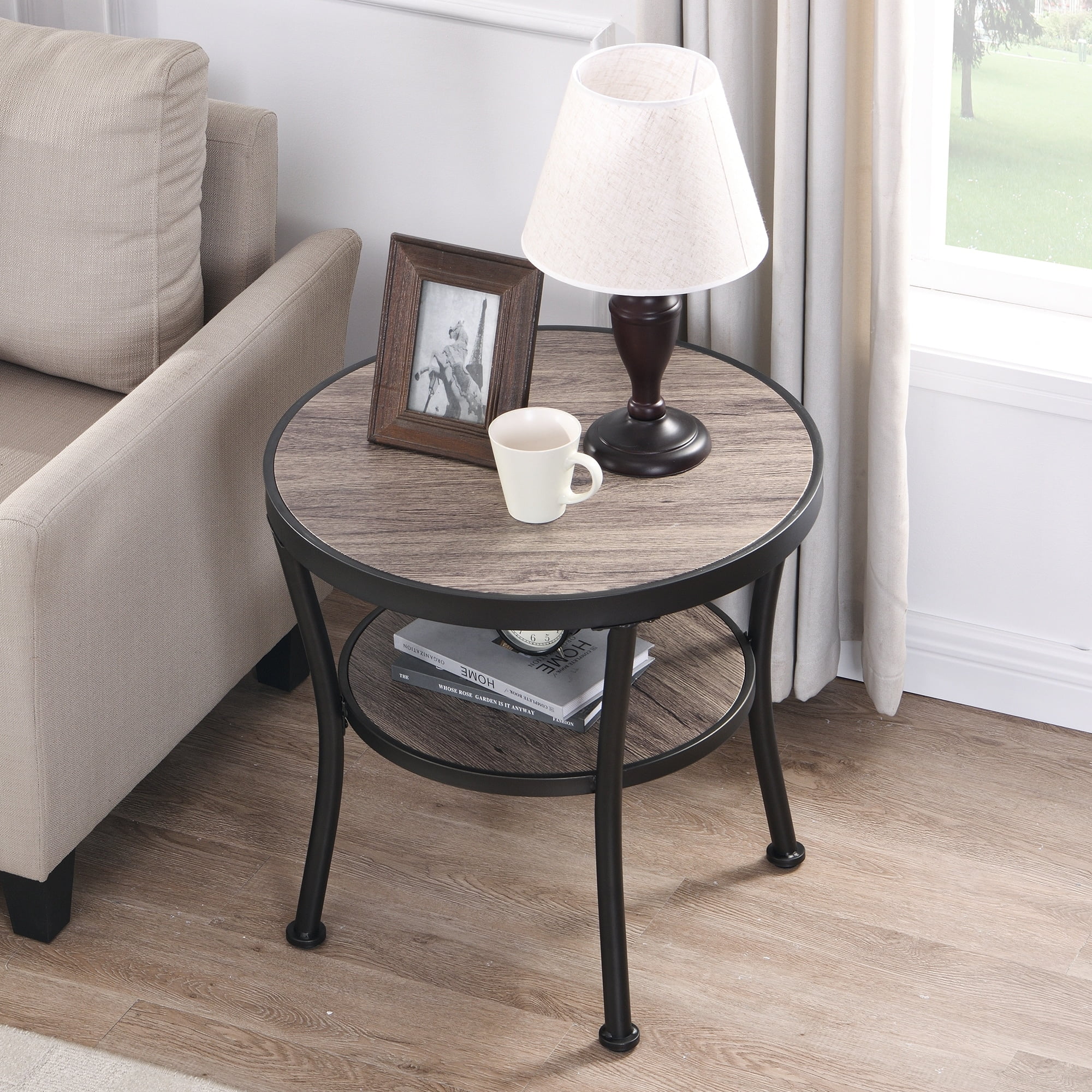 Myhozm Rustic Round End Table with Storage, Industrial Side Table for