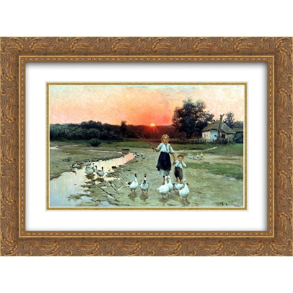 Mykola Pymonenko 2x Matted 24x18 Gold Ornate Framed Art Print 'Becoming the evening'