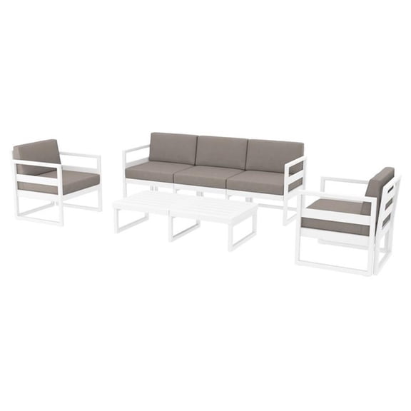 Mykonos 5 Person Lounge Set in White with Acrylic Fabric Taupe Cushions