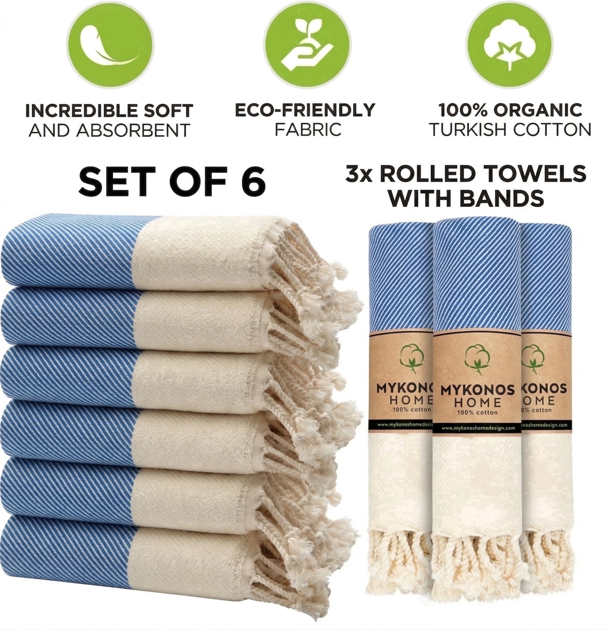 Mykonos 6-Pack Turkish Cotton Hand Towels –Parliament Blue Line, 40x19 in, Soft Absorbent Decorative Bathroom Towel Set