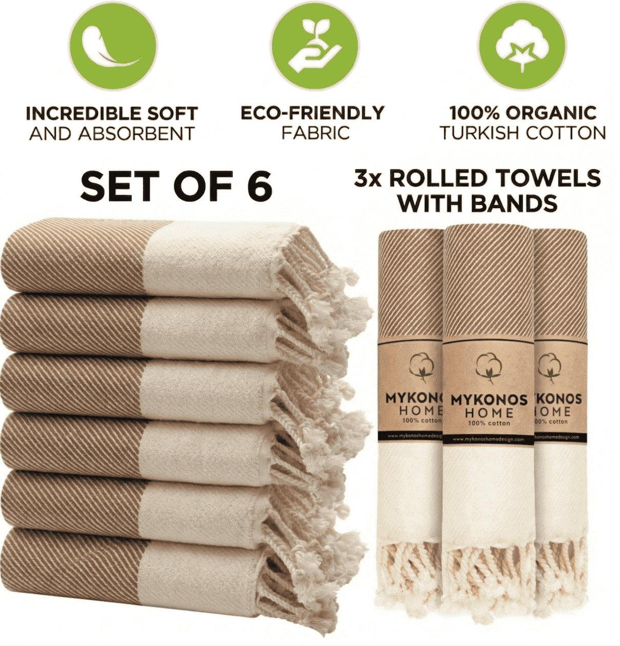 Mykonos 6-Pack Turkish Cotton Hand Towels – Brown Line, 40x19 in, Soft Absorbent Decorative Bathroom Towel Set
