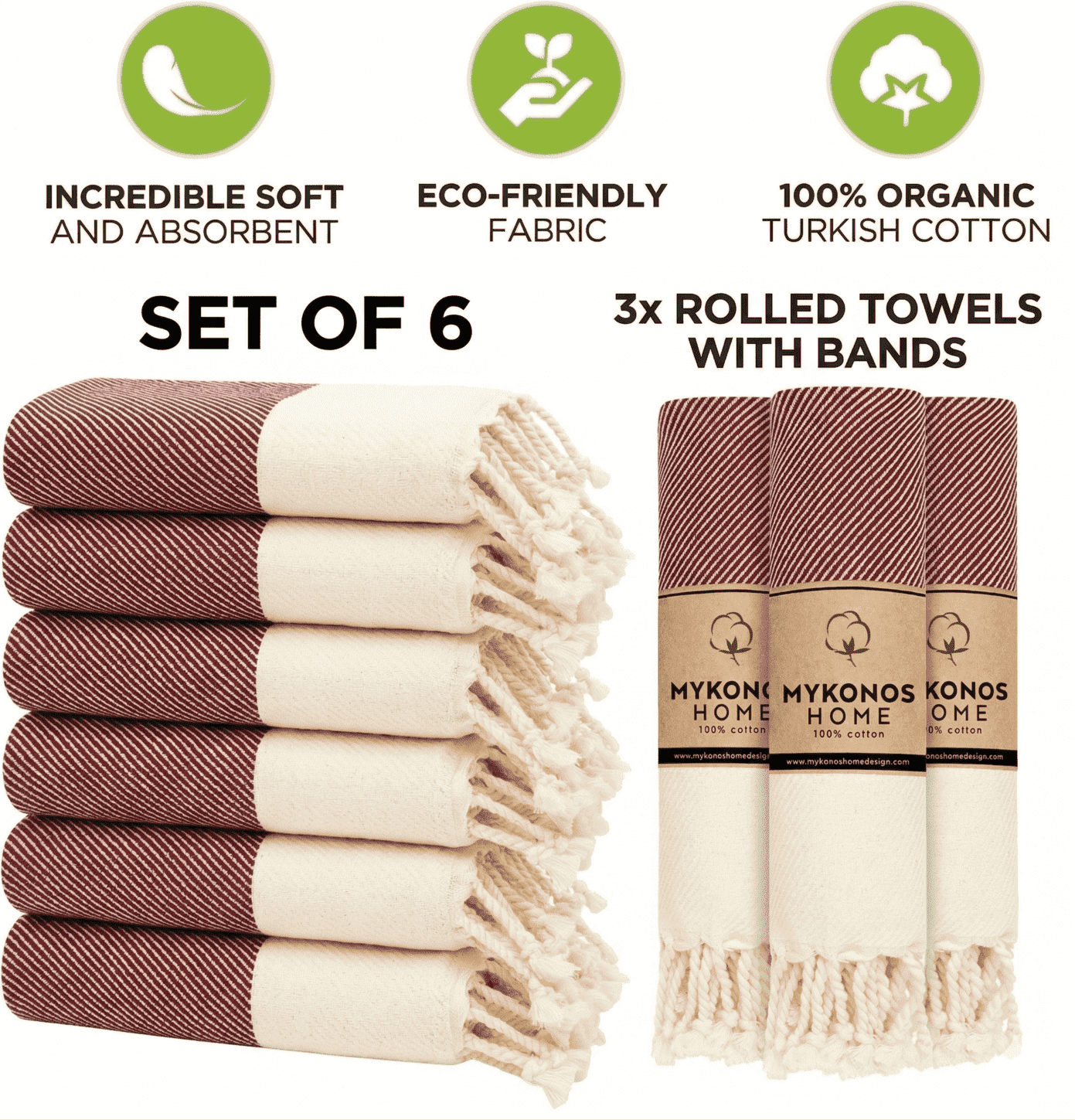 Mykonos 6-Pack Turkish Cotton Hand Towels – Burgundy Line, 40x19 in, Soft Absorbent Decorative Bathroom Towel Set