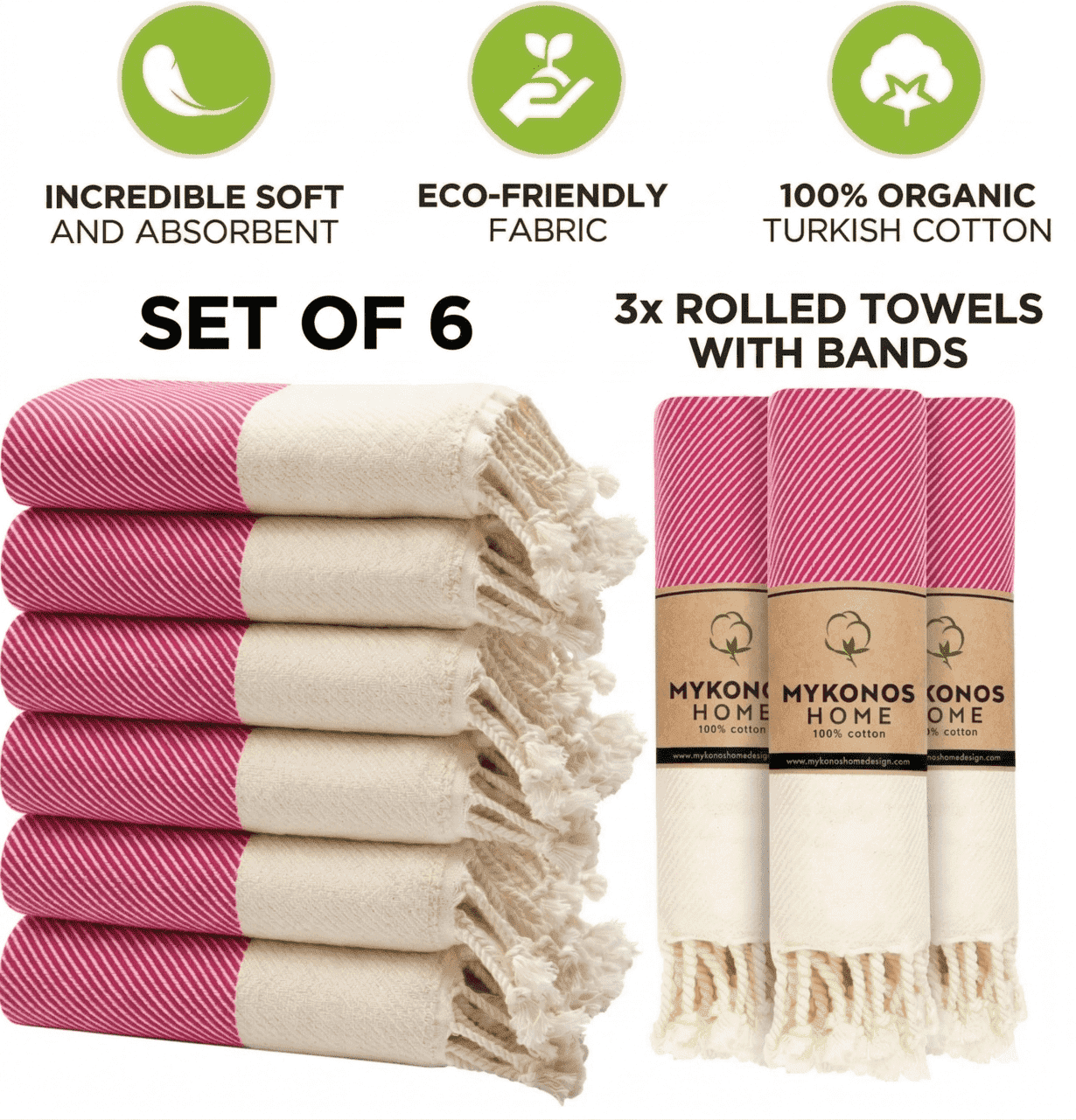 Mykonos 6-Pack Turkish Cotton Hand Towels – Fuchsia Line, 40x19 in, Soft Absorbent Decorative Bathroom Towel Set