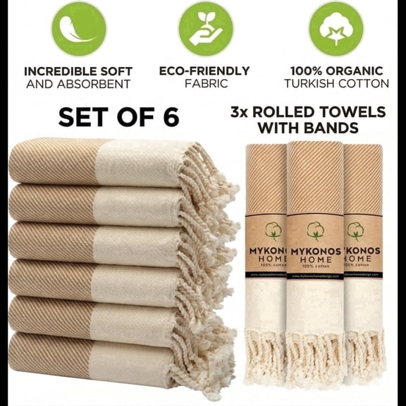 Mykonos 6-Pack Turkish Cotton Hand Towels – Latte Line, 40x19 in, Soft Absorbent Decorative Bathroom Towel Set