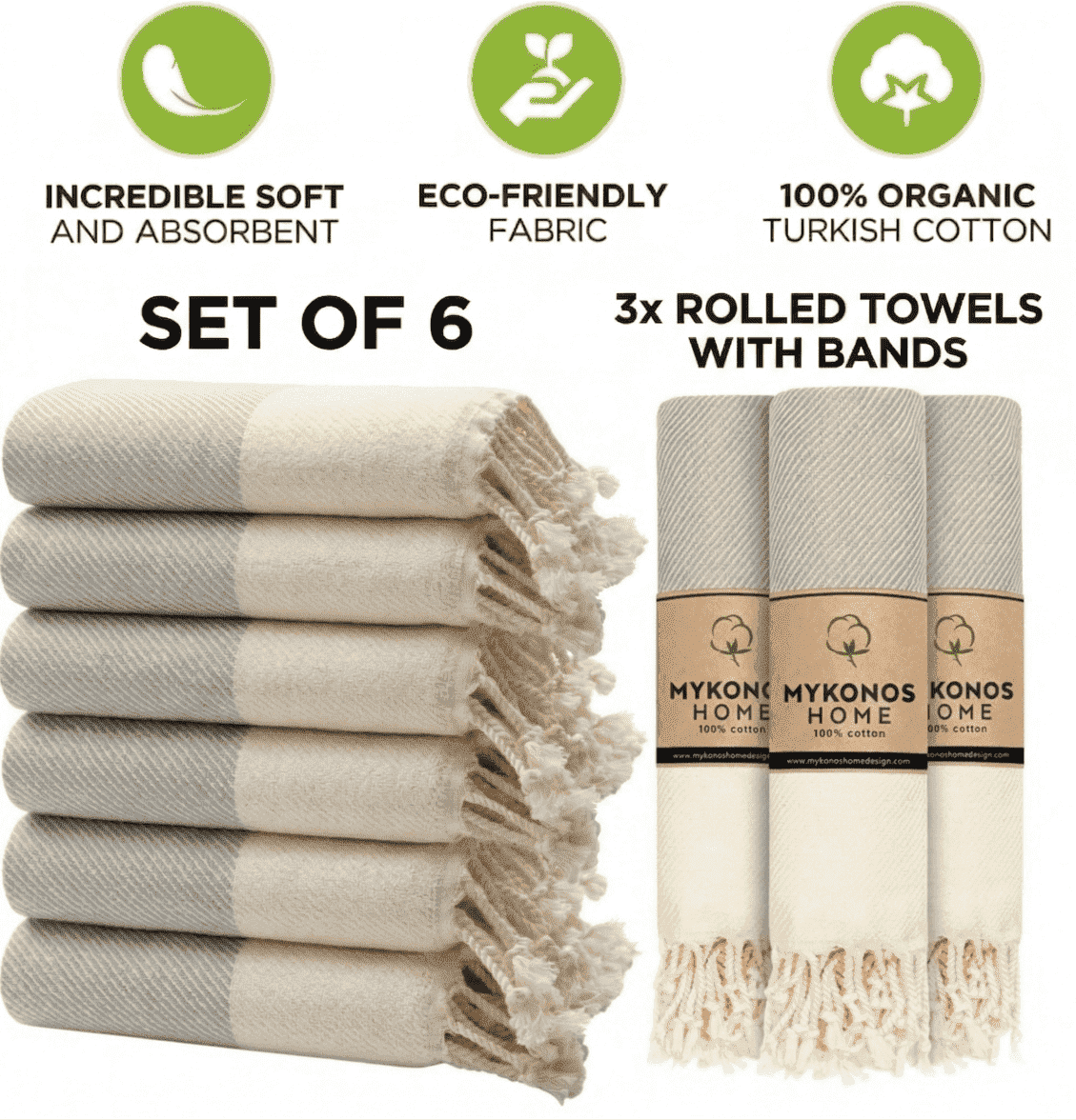 Mykonos 6-Pack Turkish Cotton Hand Towels – Light Gray Line, 40x19 in, Soft Absorbent Decorative Bathroom Towel Set