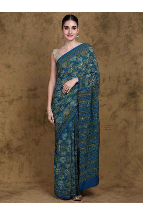 Mykonos-Blue Kantha Embroidered Crepe Saree with All-over Abstract Print and Sequins work