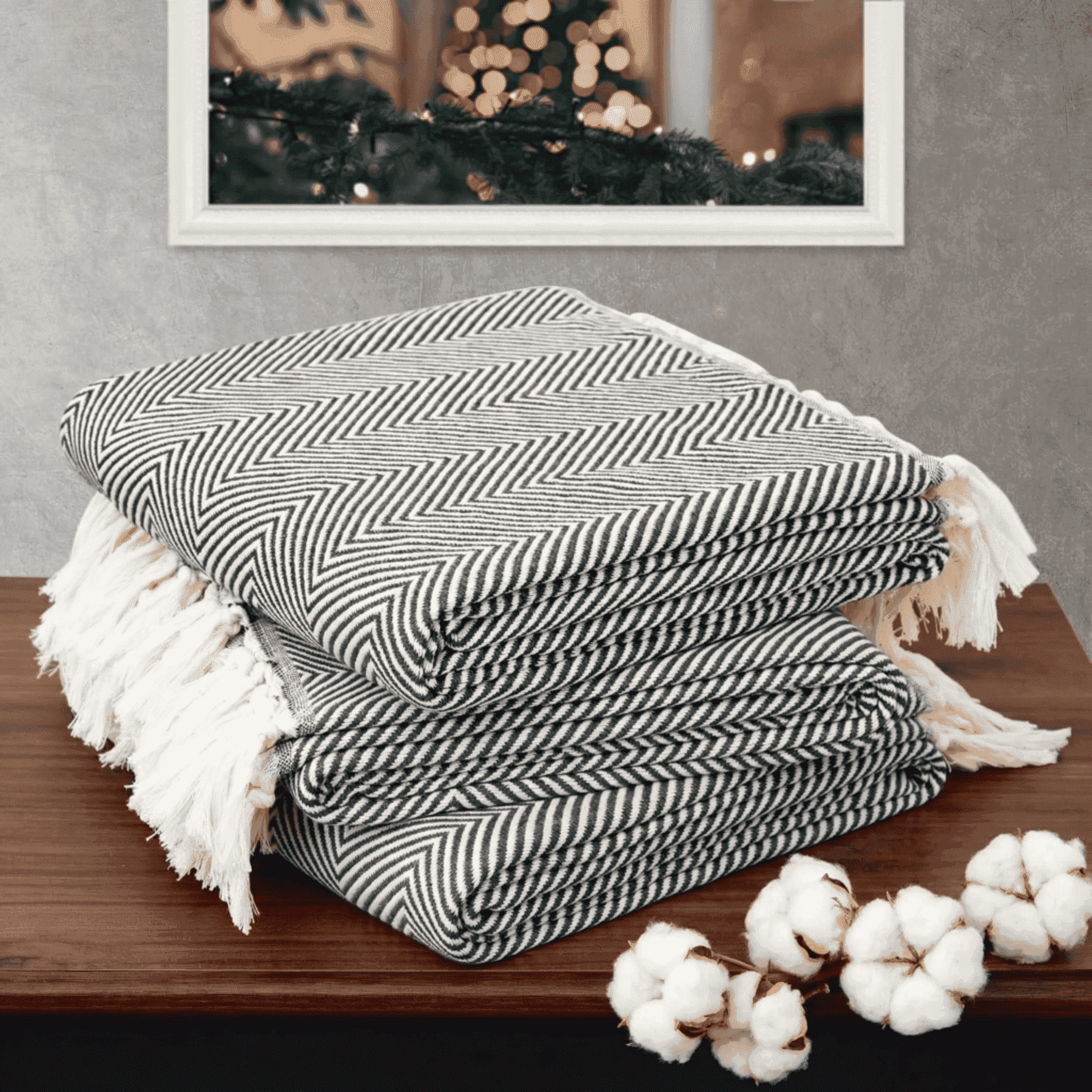 Mykonos Turkish Throw Blanket (Pack of 3) Boho Design, 100% Turkish Cotton Weaving, 51x70 in Gift Idea for  Mother's and Father's Day