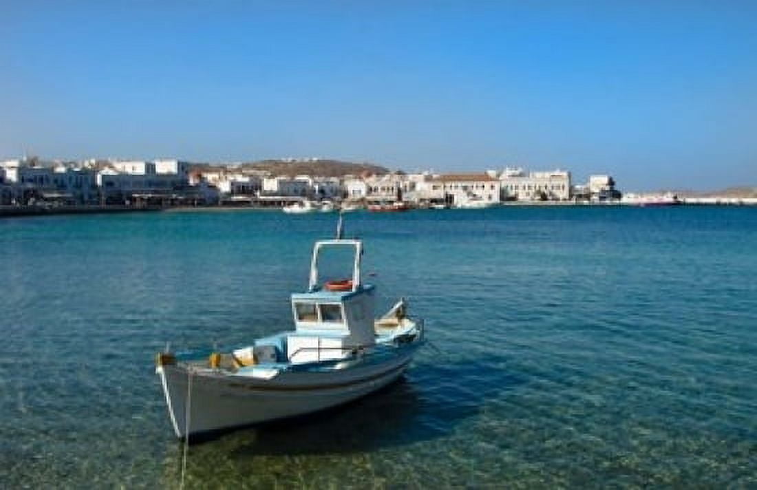 Mykonos Greece Boat off the island with view of the city behind Canvas Art - Bill Bachmann DanitaDelimont (17 x 11)