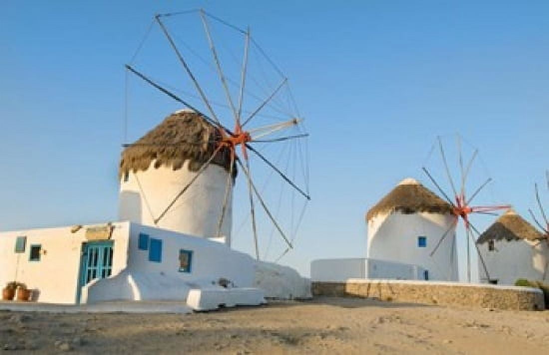 Mykonos Greece Famous five windmills at sunrise Canvas Art - Bill Bachmann DanitaDelimont (34 x 22)