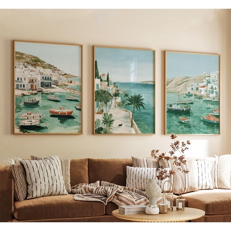 Mykonos Greece Travel Poster Coastal Village Wall Art Prints, Set 3, Poster Only