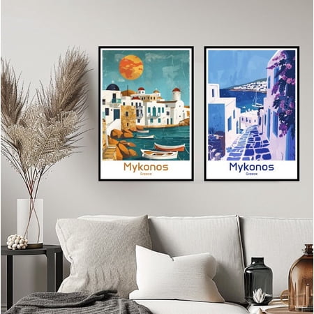 Mykonos Greece Travel Wall Retro Poster, Set 2, Poster Only