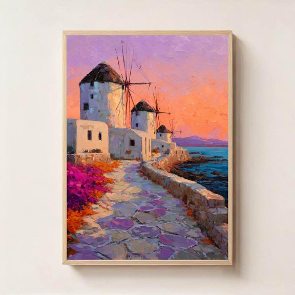 Mykonos Greece Wall Art Cycladic Island Windmills Art, Unframed Paper Poster 8x10in