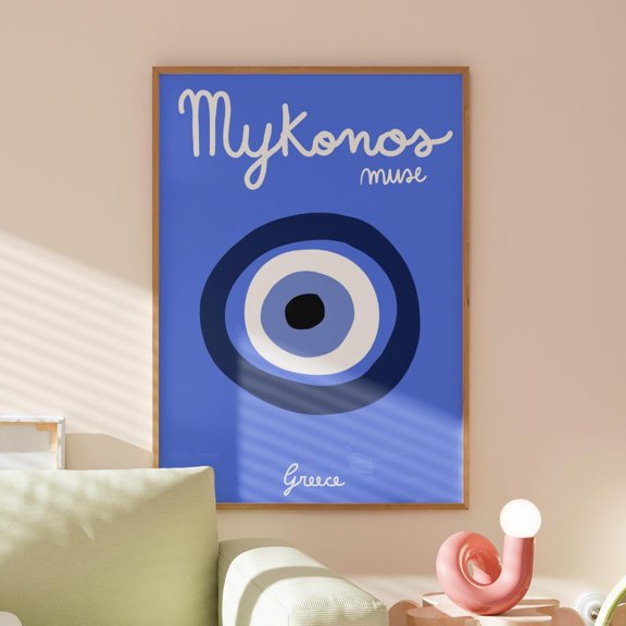 Mykonos Travel Poster Minimal Tropical Preppy Decor, Unframed Paper Print Size 8x12