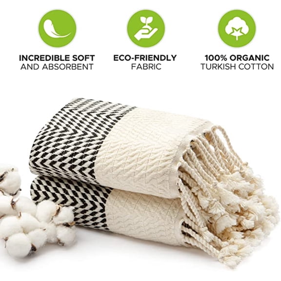 Mykonos 2-Pack Turkish Cotton Hand Towels – Black Boho, 40x19 in, Soft Absorbent Decorative Bathroom Towel Set