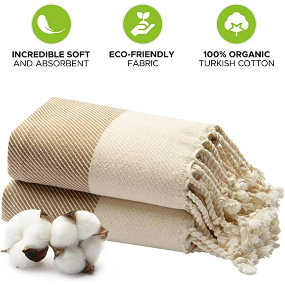 Mykonos Turkish Hand Towel Set of 2 - 40x19 Inches 100% Pure Cotton Exclusive Decorative Hand Towels for Bathroom, Kitchen, Face, Hair, Tea Towel, Dishtowel, Yoga, Gym, Farmhouse Decor (Beige)