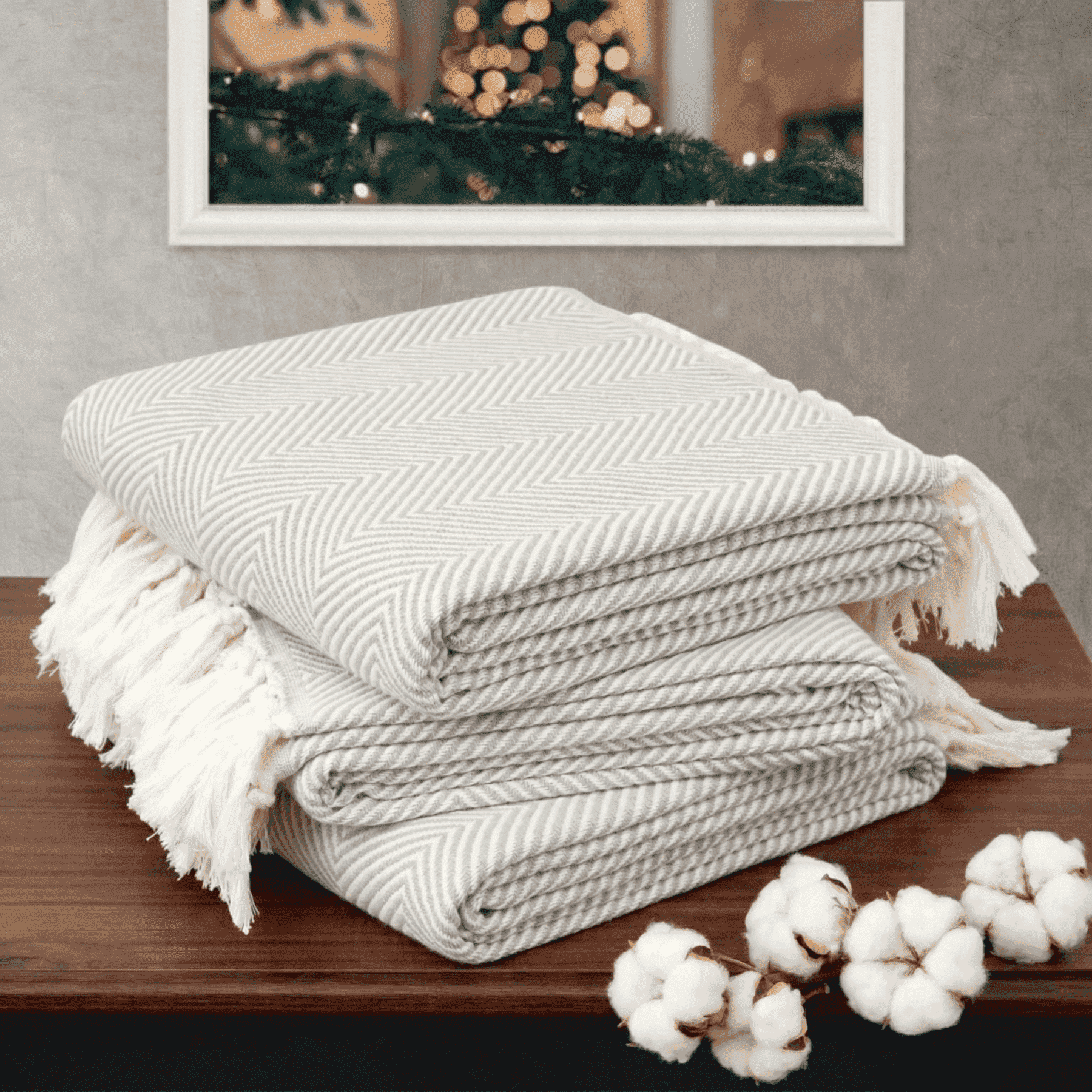 Mykonos Turkish Throw Blanket (Pack of 3) Boho Design, 100% Turkish Cotton Weaving, 51x70 in Gift Idea for Mother's Day Light Gray