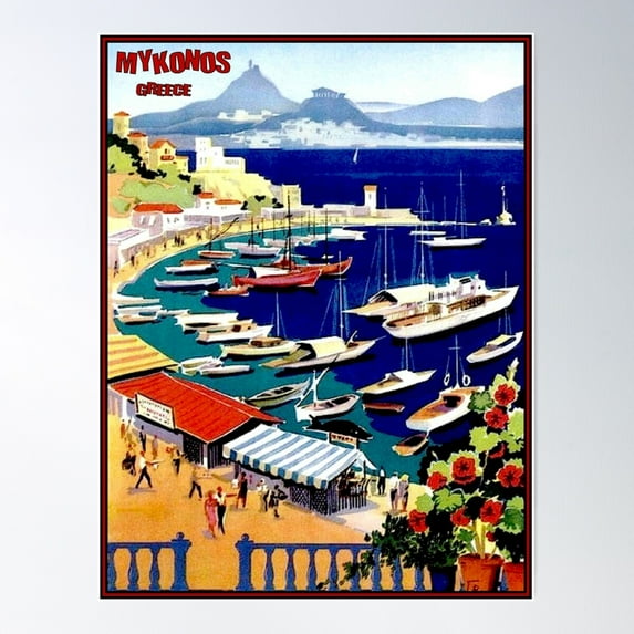 Mykonos : Vintage Greek Island Tourist Advertising Print Poster Wall Art, Modern Wall Decor For Living Room Bedroom, 12x18 UNFRAMED