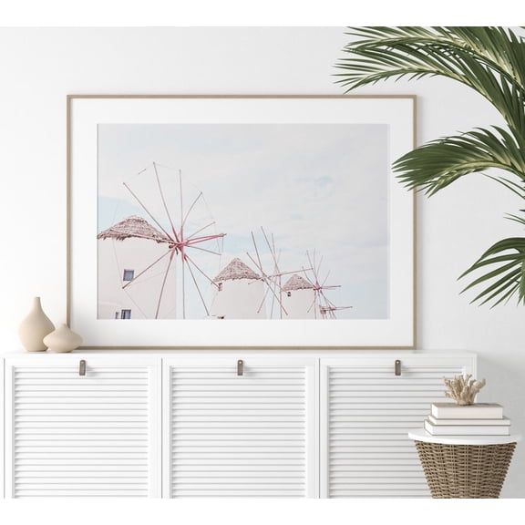 Mykonos Windmills Wall Art Greece Landscape Photography Pastel, Unframed Paper Poster 8x10in