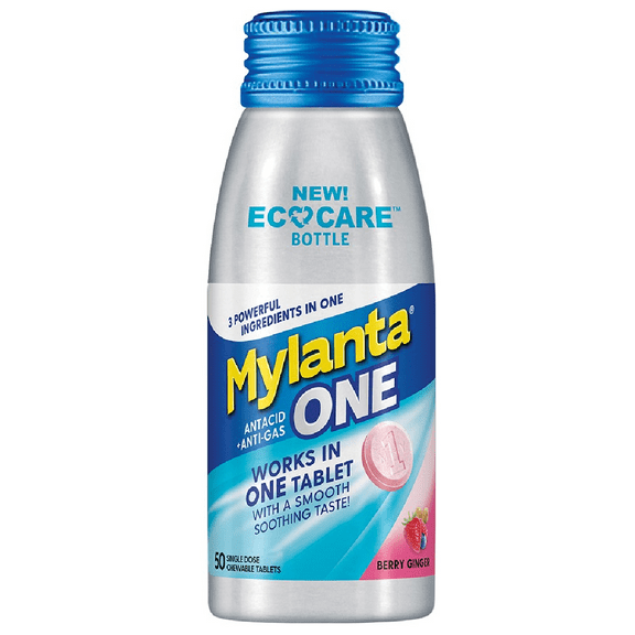 Mylanta One, Chewable Antacid Tablets Over-the-Counter Medicines, Berry Ginger Flavor, 50 Count, Eco-Care Bottle