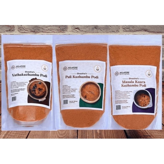 Mylapore Kitchens Mix Combo d, pack of 4 - Powder Food Form, contains Sesame, Vathakuzhambu, Puli & Masala Kaara Kuzhambu Podi, Panakam Mix - Vegan