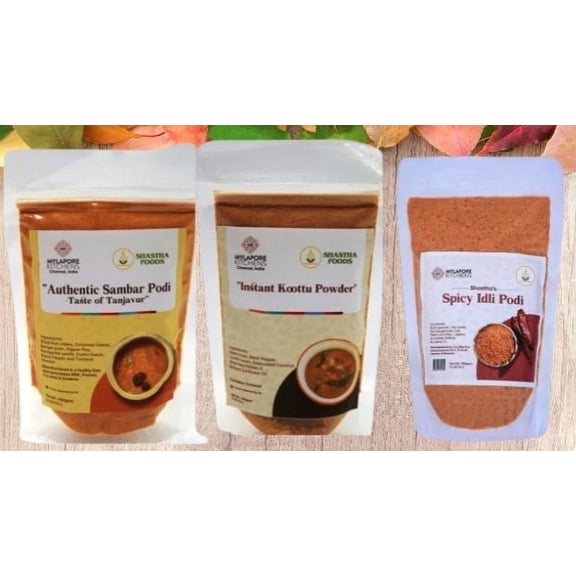 Mylapore Kitchen Mix Combo F by Shastha Foods - Sambar, Kootu, Panakam, and Flax Seed Idly Podi, Pack of 4, Gluten-Free